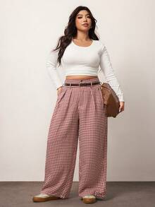 Enliva 大码复古红格子高腰阔腿裤，优雅的办公室/通勤装 - 酒紅色 - 查看 8