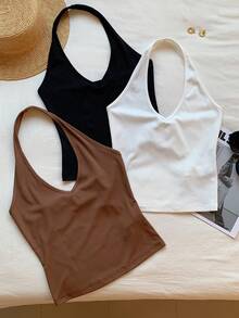 SHEIN EZwear 新款休闲简约三件套，纯色露背吊带背心，适合春夏穿着 - 彩色 - 查看 3