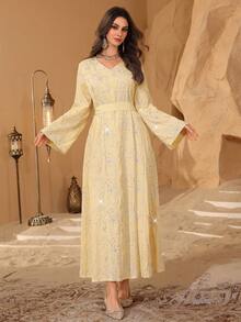Al Najma Arabic Style V-Neck Belted Embroidered Beaded Party Robe - Yellow - View 4