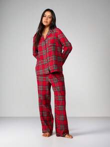 MISSGUIDED Plaid Flannel Pajama Set Long Sleeve Button Up Top Matching Pants Lounge Sleepwear Christmas Holiday - Red - View 1