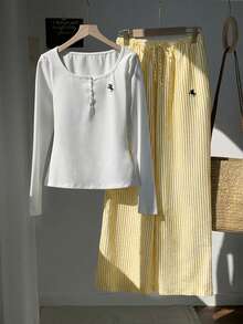 Comfortcana Women's Knight Print Button-Up Long Sleeve T-Shirt And Striped Pants Casual 2-Piece Set - Yellow - View 3