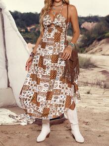 LanaWest 女士棕色花卉蕾丝系带镂空春夏休闲波西米亚风吊带连衣裙 - 棕色 - 查看 6