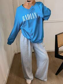 DAZY Women Casual Loose Graphic Print Long Sleeve V-Neck Top And Pants 2 Pieces Set