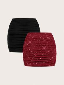SHEIN EZwear 两件套黑色针织性感网纱亮片装饰女士迷你裙套装，适合派对穿着 - 酒紅色 - 查看 2