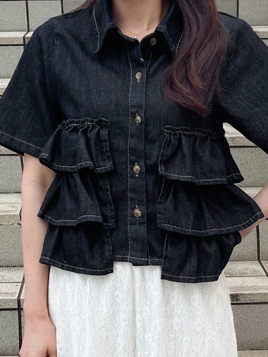 FRIFUL Áo kiểu nữ denim bạc màu, dáng suông, có bèo nhún ở gấu áo. - Màu xanh lam - Xem 1
