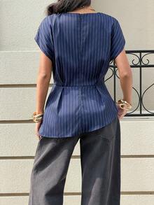 Siren Gaze Women's Navy Blue Striped Asymmetric Short Sleeve Blouse, Elegant Office Lady Waist Cinching Shirt Blue Pinstripe Shirt Navy Striped Top Cinched Waist Blouse - Navy Blue - View 2