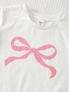 Maija Kids 2pcs/Set Young Girl Bow Knit Soft Round Neck Short Sleeve Top And Elastic Waist Pants Set - Pink - View 6