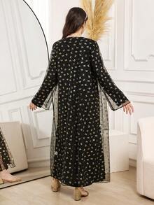 Conjunto de vestido y chaqueta tradicional para adolescentes con diseño floral negro y dorado, chaqueta de malla con lazo y estilo árabe - Negro - Ver 6