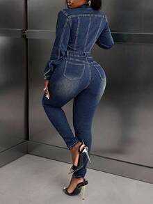 SHEIN CURVE+ 大码牛仔女郎装扮，蓝色弹力性感修身牛仔连衣裙，春季女装 - 深色水洗藍 - 查看 2
