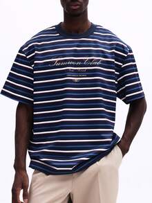 SUMWON Jummon Club New York International Studios Oversized Striped Short Sleeve T-Shirt With Crew Neckline And Embroidered Text Logo For Casual Summer Spring Everyday Wear - Blue - View 1