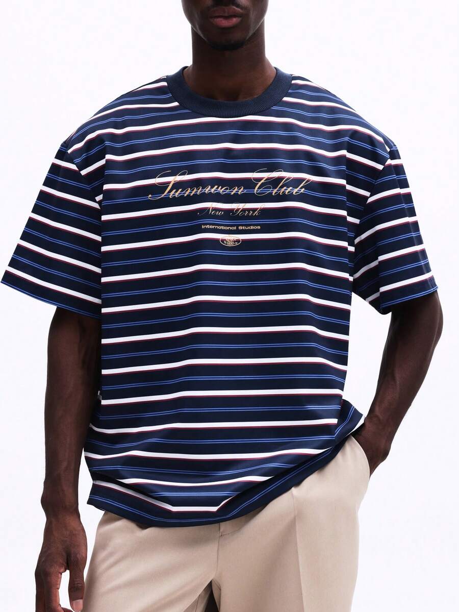 SUMWON Jummon Club New York International Studios Oversized Striped Short Sleeve T-Shirt With Crew Neckline And Embroidered Text Logo For Casual Summer Spring Everyday Wear - Blue - View 1