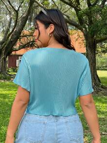SHEIN EZwear Plus Size Casual Solid Color Ribbed Short Sleeve T-Shirt, Summer Teal Crop Top - Blue - View 2