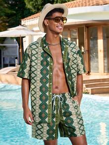 Palasendo Bộ đồ đi biển mùa hè dành cho nam giới: áo sơ mi ngắn tay in họa tiết hoa và hình học, kèm quần short cạp chun. - Nhiều màu - Xem 5