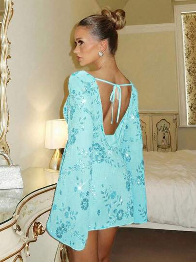 Glamine Charm Chiffon Sequin Embroidered Holiday Party Dress, Romantic Princess Palace Style, Suitable For Christmas, New Year Family Gathering, Backless Sexy Feminine Elegant Party Sequin Flare Sleeve V-Neck Dress