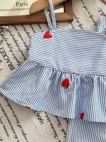 SHEIN 女婴休闲可爱度假条纹草莓印花吊带背心和松紧腰裤套装 - 彩色 - 查看 6