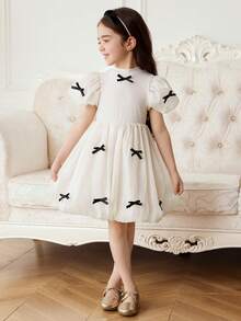 Elladie kids Girls (Small) Tulle Flowing Princess Dress, Puff Sleeve Princess Dress With Bow Decor White Dress With Bow For Girls Girls Puffy Sleeve Dress Girls White Bow Dress - Apricot - View 4