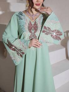 Al Najma Women's Elegant Embroidered Loose V-Neck Long Sleeve Kaftan Robe - Green - View 2