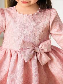 Glamorique Kids Đầm dài tay, xòe rộng bằng vải jacquard màu hồng hoa hồng cho bé gái, đầm dự tiệc sinh nhật cao cấp, trang trí nơ đính cườm thủ công, kiểu dáng thanh lịch và công chúa, phù hợp cho các dịp thường nhật, lễ hội, tiệc tối, đám cưới. - Hồng - Xem 6
