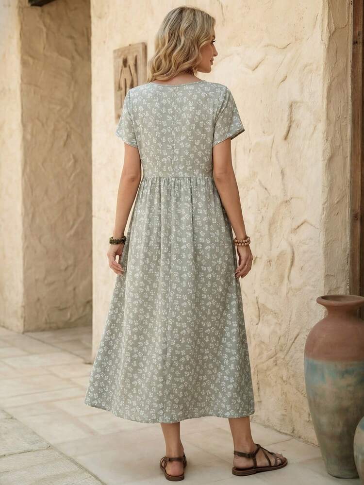 Ditsy Floral Print V Neck Hidden Pocket Dress