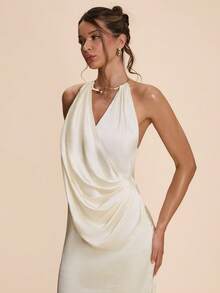 SHEIN BAE Women's Cream White Sleeveless Ruched Loose Collar Straight Minimalist Elegant Formal Summer Dress,Bridesmaid Birthday Party Draped Dress - White - View 4