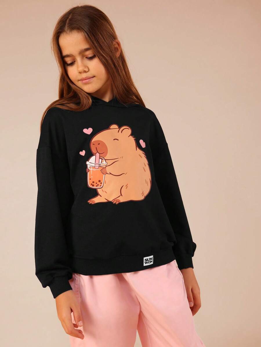 SUMWON Cute Capybara Bubble Tea Hoodie Black Long Sleeve Pullover Sweatshirt Character Print Design For Casual And Vacation - Black - View 1