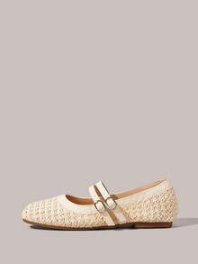 Styleloop 波西米亚风女式圆头平底杏色编织网布鞋，时尚简约舒适透气，搭扣设计，适合度假、派对、音乐节等场合。 - 米色 - 查看 2