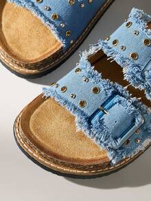 Solecia Women's Buckle Design Casual Fashionable Flat Sandals - Blue - View 5