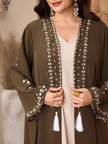 Al Najma Abaya élégante à broderie géométrique pour femmes grandes tailles - Marron - Voir 8