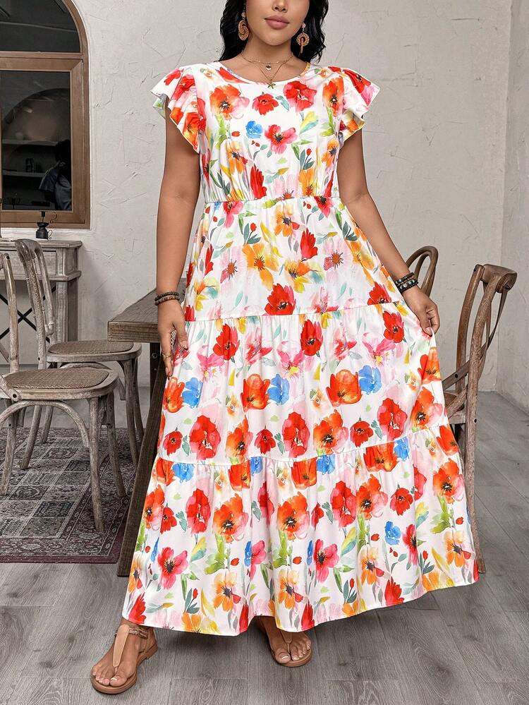 EMERY ROSE Plus Size White Summer Boho Bachelorette Party Tea Party Holiday Elegant Floral Print Maxi Dress,Women's Waist Cinched Casual Flower Dress