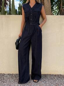 DAZY Women's V-Neck Sleeveless Waist Cinched Loose Straight Leg Washed Denim Jumpsuit, Casual City Style Vacation - Dark Wash - View 4