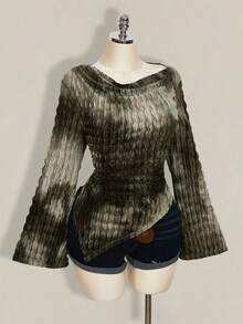 SHEIN ICON Camiseta de manga larga con mangas acampanadas, estampado tie-dye asimétrico, hombros descubiertos, estilo gótico vintage bohemio para mujer talla grande, tops casuales de camuflaje - Verde militar - Ver 1