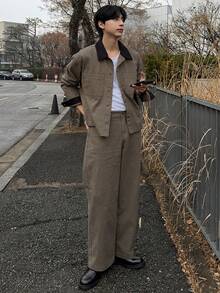 DAZY Spring Washed Distressed Patchwork Collar Khaki Men's Denim Suit - Khaki - View 4