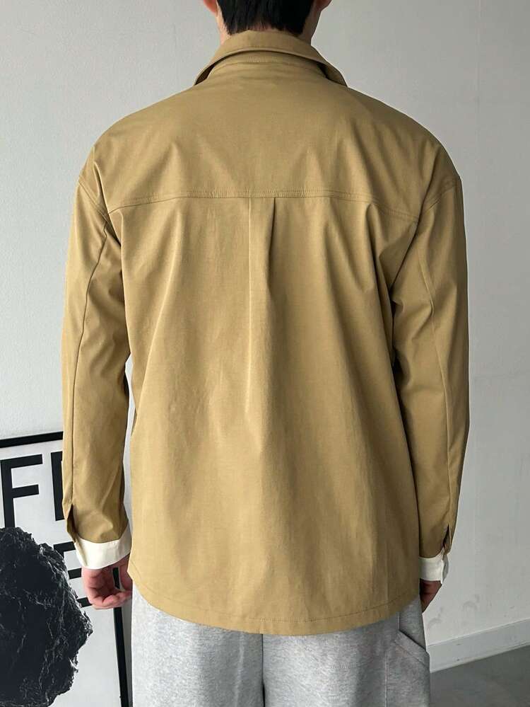 Men's Khaki Color-Block White Shirt, 2 In 1, Spring/Autumn