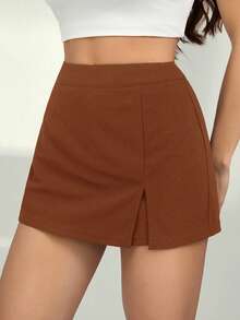 SHEIN Tall Váy quần nữ màu trơn cạp cao xẻ tà bên hông kiểu dáng thường ngày - màu nâu - Xem 6