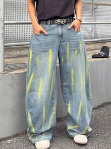 ROMWE MEN 男士做旧泼墨宽松牛仔裤 - 藍色 - 查看 3