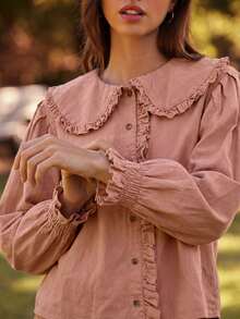 WESTFADE Cotton Blend Chambray Ruffle Collar Long Sleeve Button Up Shirt Cute Fall Tops, Country Concert, Autumn, Winter, Boho, Casual, Cute - Pink - View 3