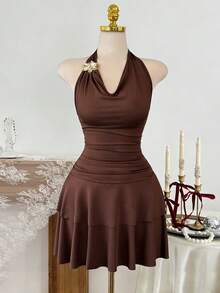 Elenzga Spring/Summer New Design Spaghetti Strap Metal Buckle Knit Fabric Elastic Waist Brown Sexy Chic Layered Hem Women's Dress - Brown - View 1