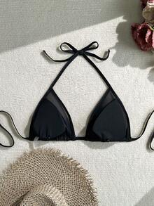 Swim SXY 2026 Women's Summer Beach Bikini Top, Fashion Swimwear With Mesh Splice Halter Tie Neck Triangle Sexy Casual Versatile For Party & Holiday - Black - View 2