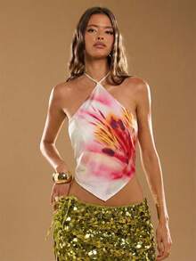 SHEIN BAE Áo kiểu nữ gợi cảm hở lưng, in hoa, cổ yếm, thích hợp cho kỳ nghỉ hè. - Màu vàng - Xem 5