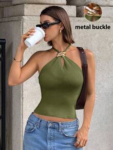 Siren Gaze 2025新款金属装饰露背针织女式上衣 - 橄欖綠 - 查看 6