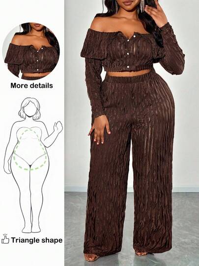 Truni 2pcs Plus Size Women Textured Button Decor Long Sleeve Top And Wide Leg Pants Set, 2026 New Year Brown 2 Pieces Set Tall Two Pieces Set, For Pear & Triangle Body Shape
