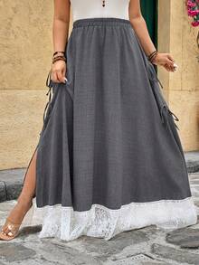 Breezaya Plus Size Women Minimalist Woven Gray Patchwork White Lace Skirt With Tie Waist - Grey - View 4