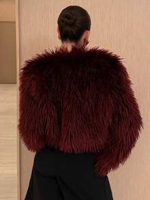 Kuleshova 女士时尚性感短款仿皮草大衣，秋冬新品 - 酒紅色 - 查看 2