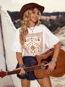 Lanawest Women's Western Casual Digital Placement Print Patchwork Sleeve Embroidered Loose T-Shirt - White - View 1