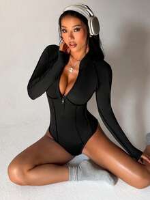 Dewbera 女士纯色拉链半开襟插肩袖连体裤 - 黑色 - 查看 1