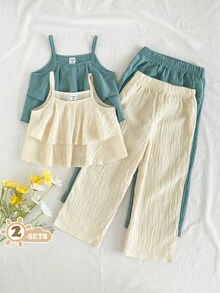 Vintaside Kids 4pcs/Set Girls' Casual Charming Camisole Top Paired With Relaxed Wide Leg Pants, Pink & Beige, Suitable For Daily Outings, Vacation & Leisure Wear - Multicolor - View 1