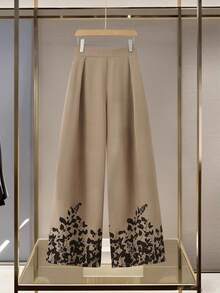 Seusyu Celana Panjang Wanita Ukuran Besar Kasual Longgar Warna Polos dengan Motif Bunga di Bagian Bawah, Elegan & Serbaguna, Musim Semi/Panas - Khaki - View 1