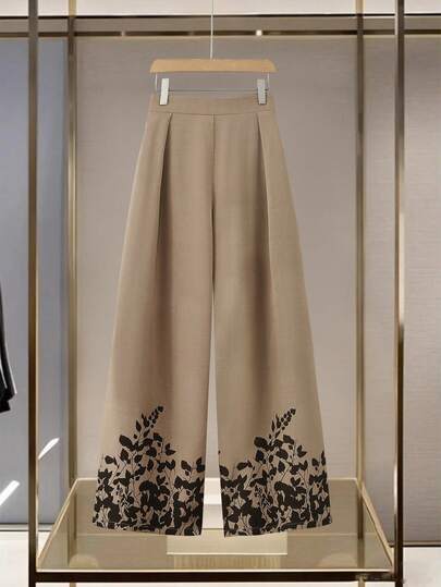 Modelyn Plus Size Women Casual Loose Solid Color Pants With Hem Floral Print, Elegant & Versatile, Spring/Summer