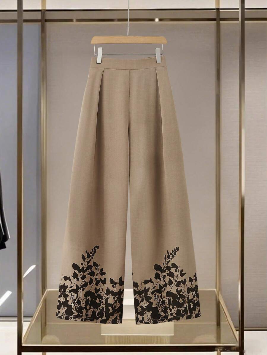 Seusyu Celana Panjang Wanita Ukuran Besar Kasual Longgar Warna Polos dengan Motif Bunga di Bagian Bawah, Elegan & Serbaguna, Musim Semi/Panas - Khaki - View 1