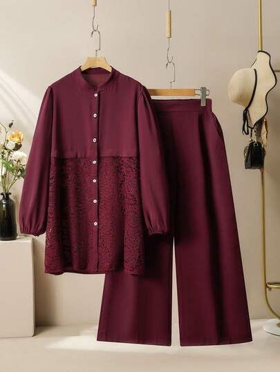 Lacomfia Women's Hollow Embroidery Patchwork Long Sleeve Shirt And Straight Leg Pants Casual Suit, Plus Size